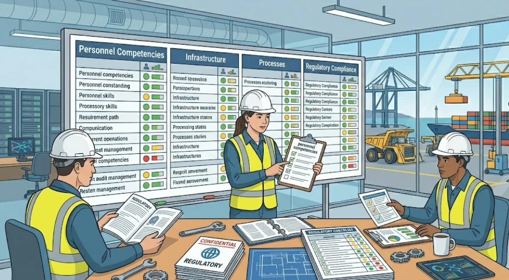 Equipo industrial revisando áreas clave de análisis de brechas incluyendo personal procesos e infraestructura