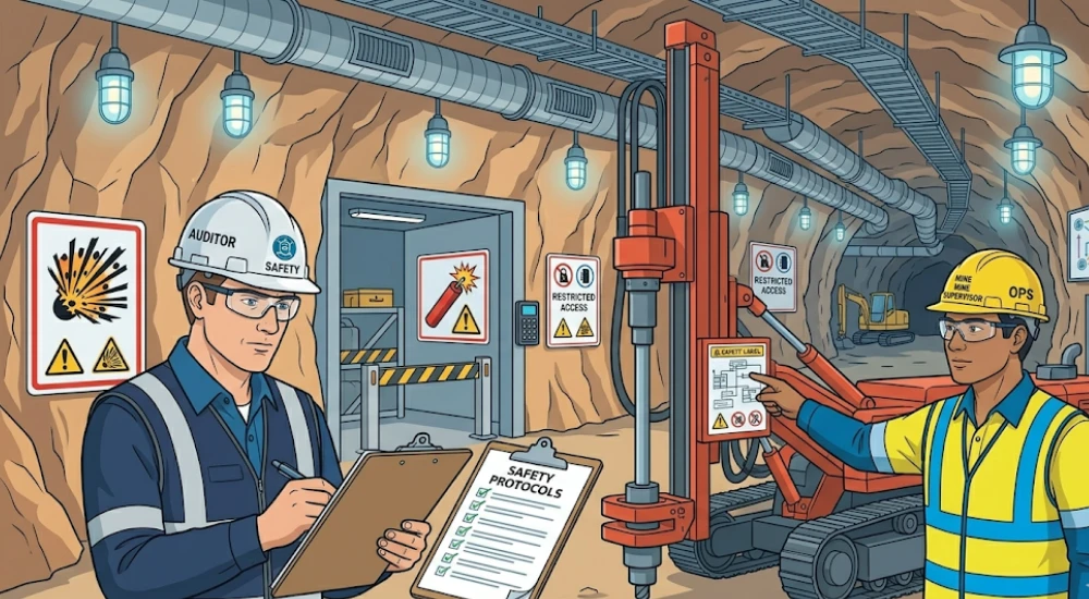 Auditor profesional inspeccionando protocolos de seguridad y equipos en operación minera activa