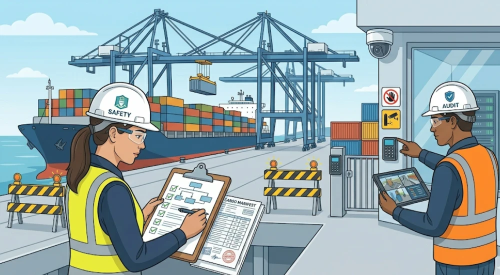 Auditores verificando sistemas de vigilancia y control de acceso en terminal portuaria con buque de carga