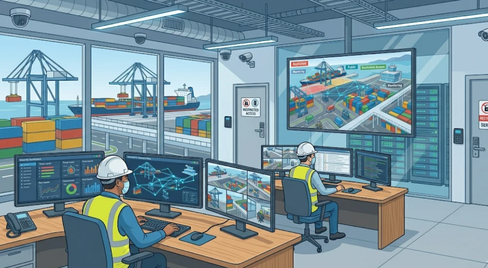 Analistas de ciberseguridad monitoreando sistemas de control y vigilancia en centro de operaciones portuario