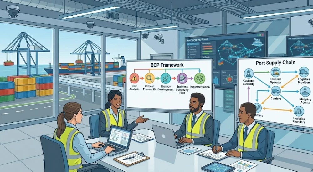 Equipo de logística marítima desarrollando plan de continuidad del negocio en sala de operaciones portuaria
