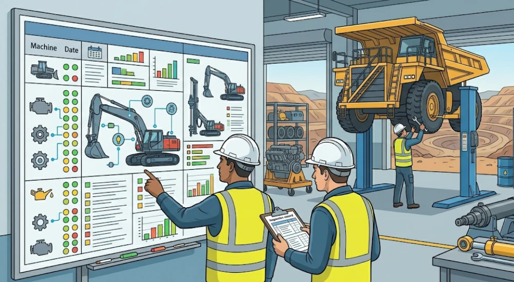 Ingenieros industriales revisando plan de mantenimiento preventivo y correctivo en taller de maquinaria pesada