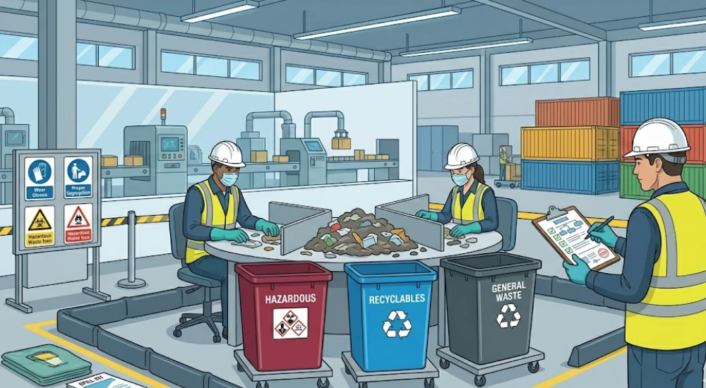 Trabajadores industriales segregando residuos sólidos en contenedores codificados bajo supervisión ambiental