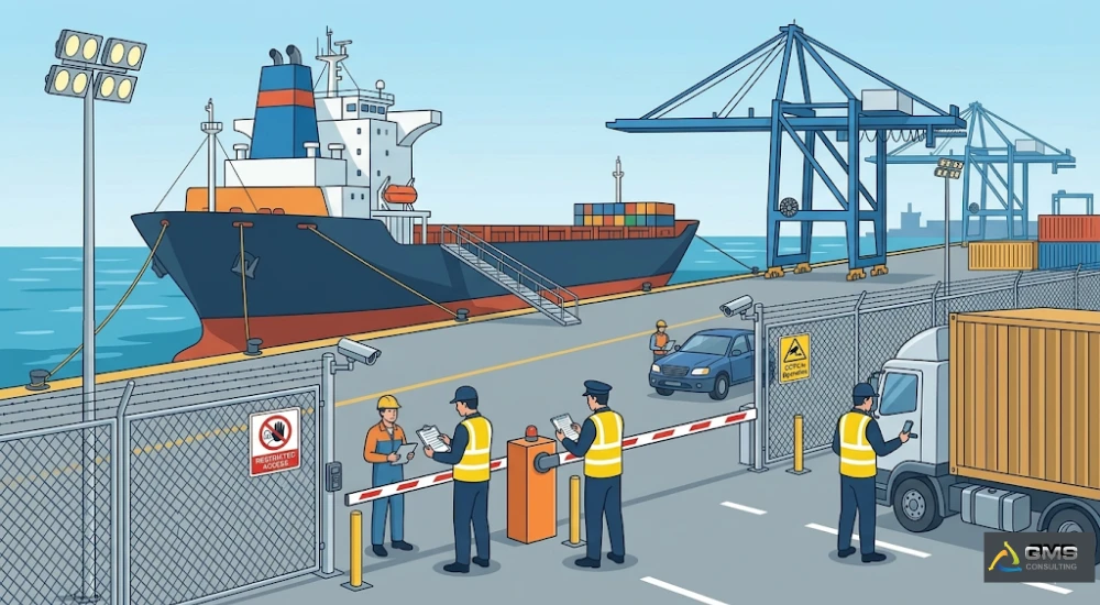 Oficiales de seguridad verificando acceso de vehículos y personal en interfaz buque-tierra de terminal portuaria