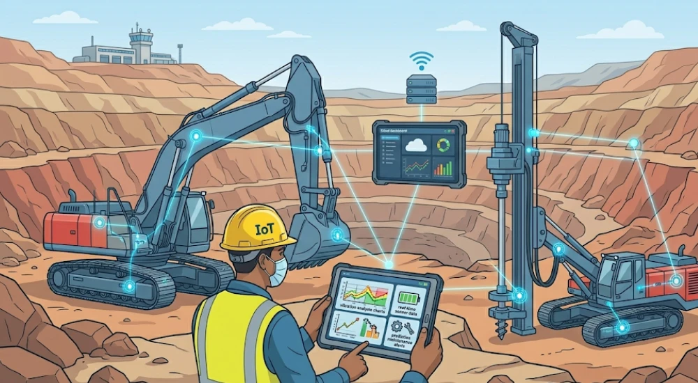 Ingeniero monitoreando datos de sensores IoT en tiempo real para mantenimiento predictivo de maquinaria minera