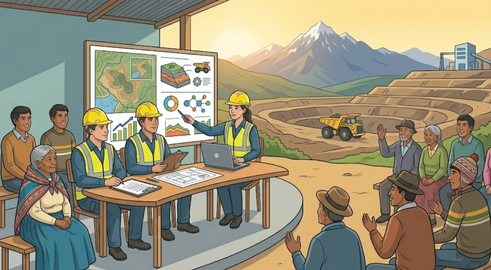 Equipo minero en reunión comunitaria presentando plan de proyecto a residentes locales en zona andina