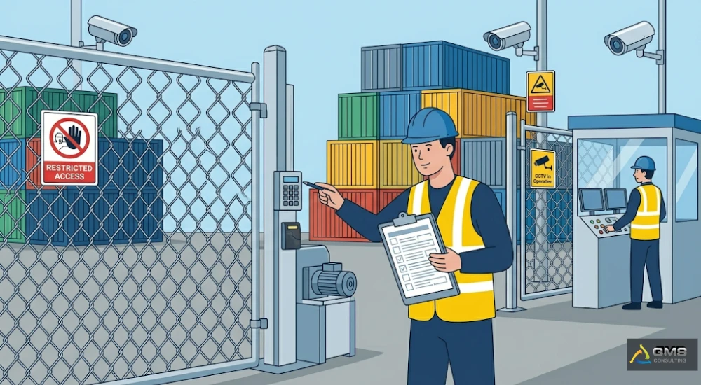 Inspector portuario evaluando puntos de acceso y riesgos en instalación portuaria con checklist