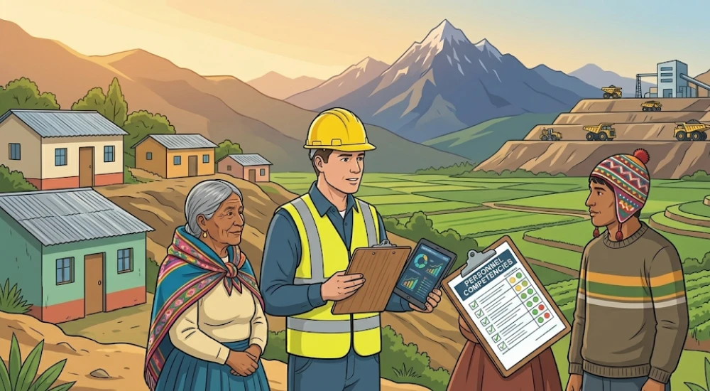 Relacionista comunitario dialogando con miembros de comunidad rural andina cerca de operación minera