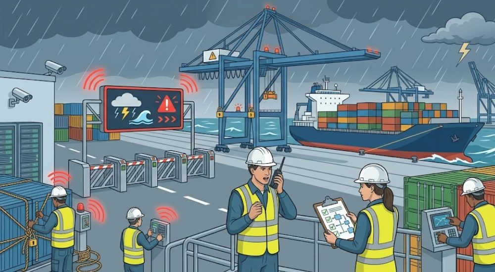 Trabajadores portuarios respondiendo a escenario de interrupción operativa en terminal marítima con protocolos de emergencia