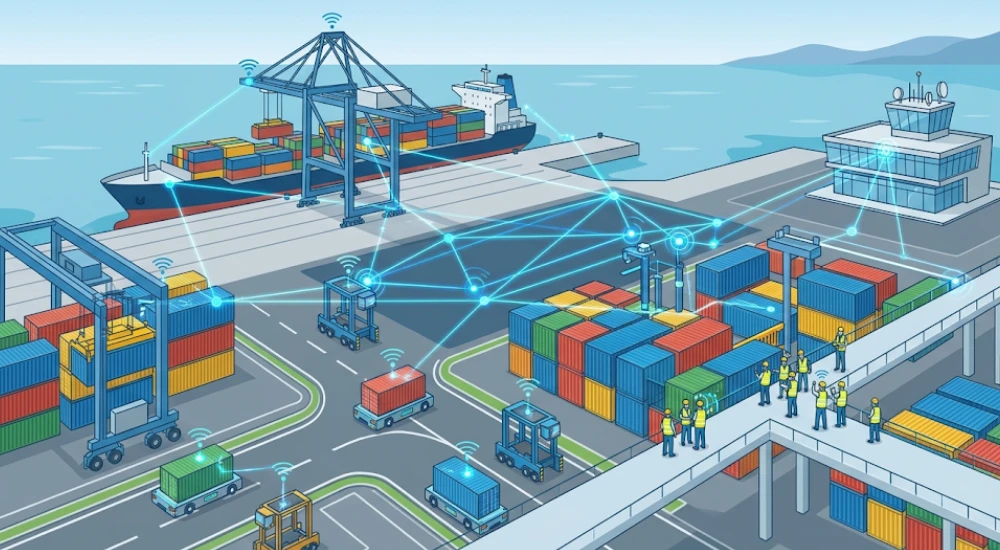 Vista aérea de terminal portuaria inteligente con sensores IoT y vehículos automatizados conectados en red