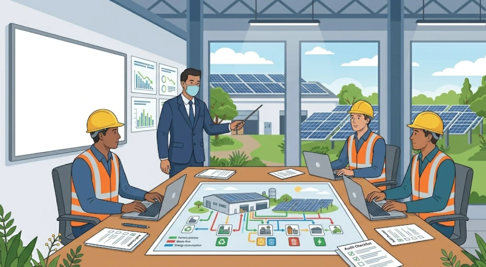 Consultor ambiental liderando implementación de ISO 14001 con equipo industrial revisando aspectos ambientales