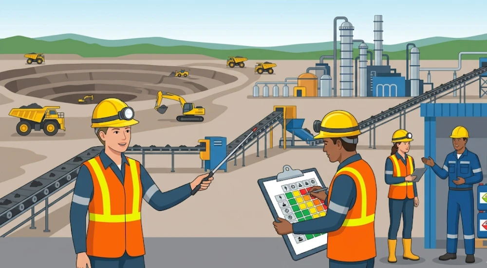 Equipo de seguridad realizando evaluación formal IPERC línea base en múltiples puestos de trabajo minero
