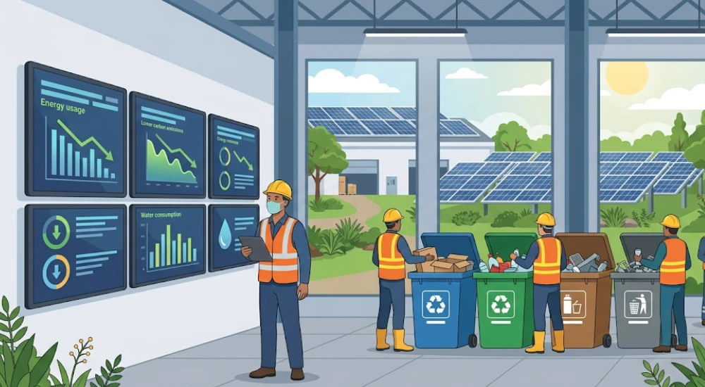 Supervisor industrial monitoreando indicadores de gestión ambiental y reducción de emisiones en planta