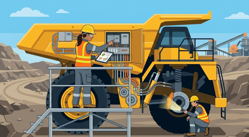 Técnico de mantenimiento inspeccionando subsistemas de camión minero con análisis de confiabilidad RCM