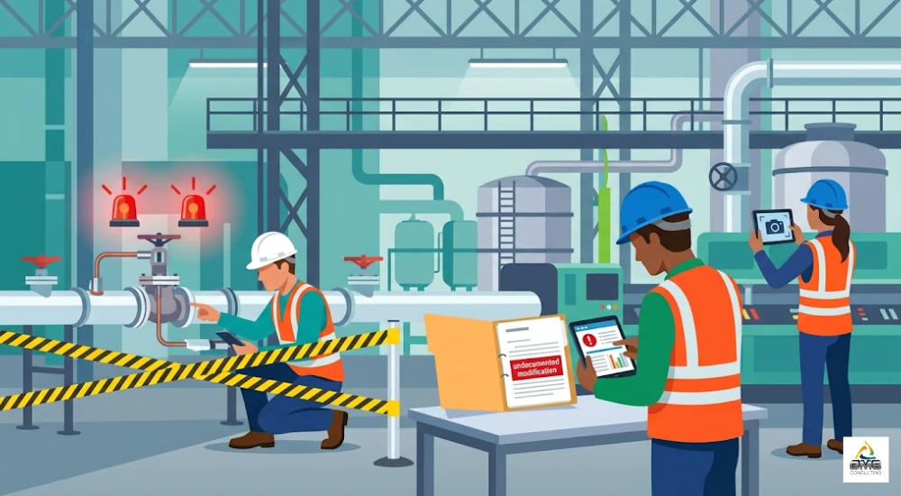 Investigador de seguridad analizando incidente causado por cambio no controlado en línea de producción industrial
