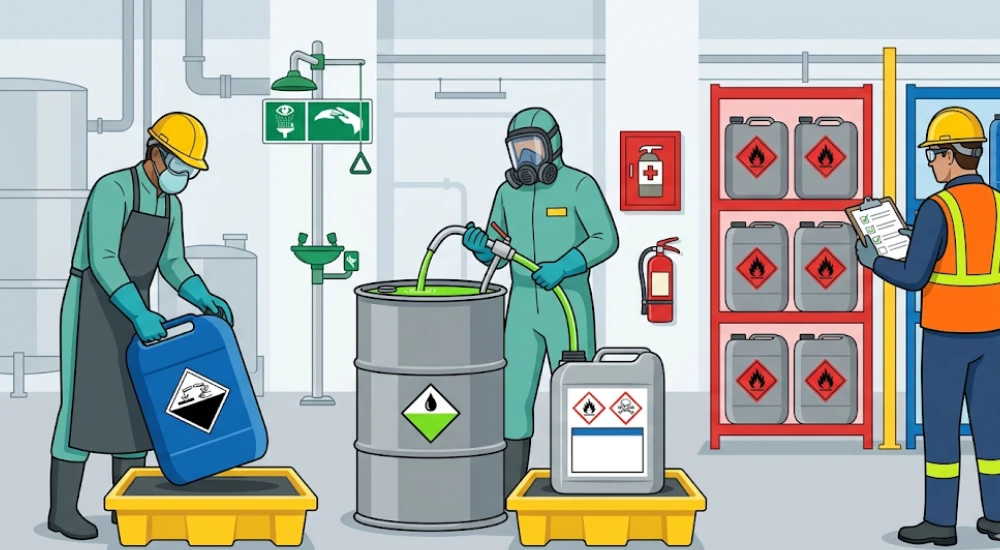 Trabajadores industriales aplicando medidas de control de materiales peligrosos con EPP específico y segregación correcta