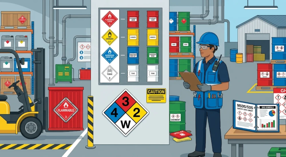 Oficial de seguridad verificando sistemas de identificación de materiales peligrosos incluyendo rombos NFPA y etiquetas ONU