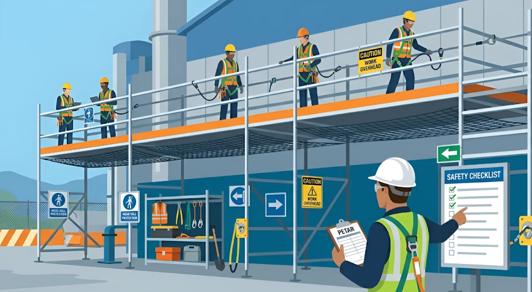 Equipo industrial aplicando medidas preventivas de trabajo en altura con arneses líneas de vida y permiso PETAR
