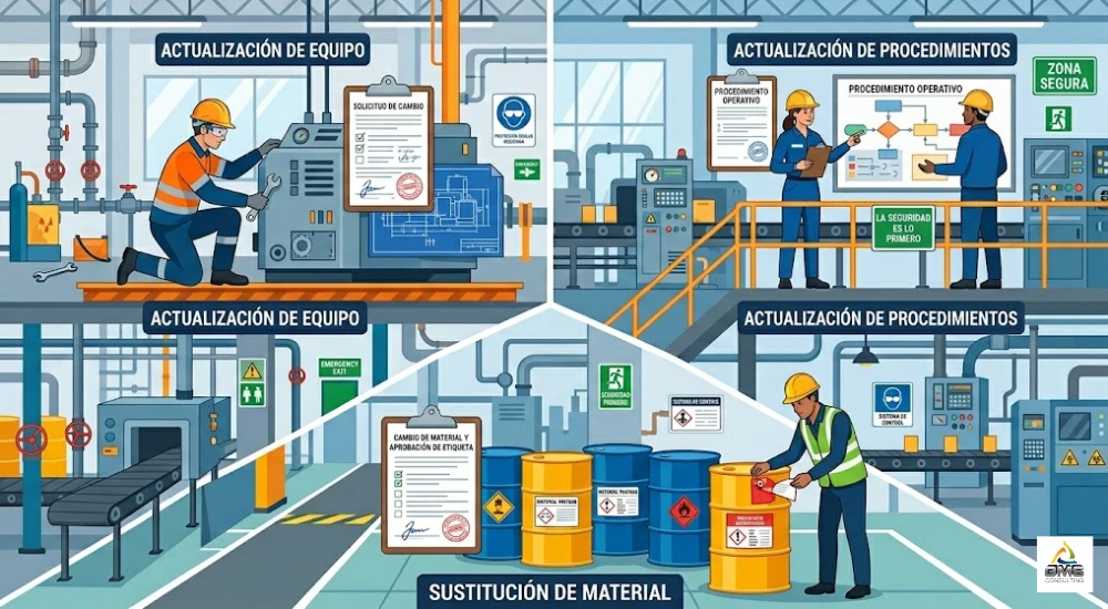 Trabajadores industriales gestionando diferentes tipos de cambios operativos con documentación de control MOC