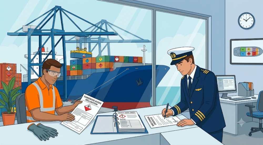 Oficial portuario y capitán verificando documentación obligatoria IMDG incluyendo declaración de mercancías peligrosas