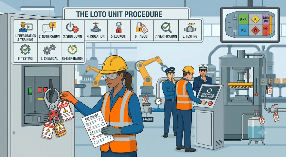 Equipo de mantenimiento aplicando procedimiento LOTO de nueve pasos con candados múltiples y verificación de estado cero