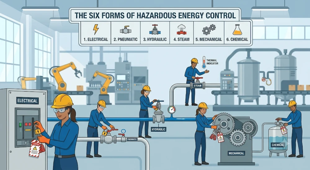 Técnicos industriales controlando seis tipos de energía peligrosa con dispositivos LOTO en planta de producción
