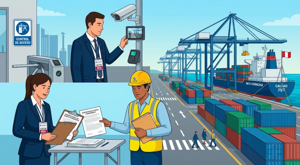 Auditores SUNAT verificando infraestructura de seguridad y documentación logística en terminal portuaria para certificación OEA