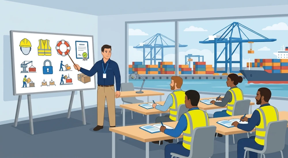 Instructor dictando capacitación portuaria certificada por la APN a trabajadores de terminal marítima