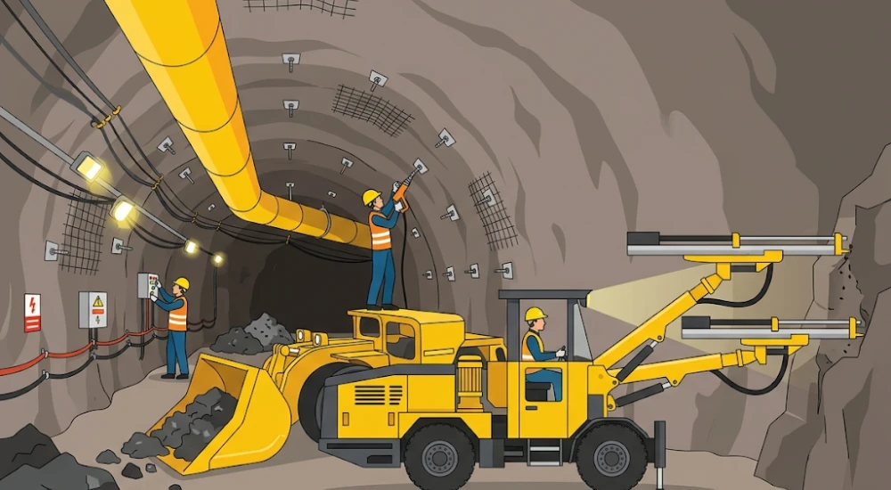 Ciclo operativo de minería subterránea con jumbo perforando frente de avance y scooptram cargando mineral en túnel