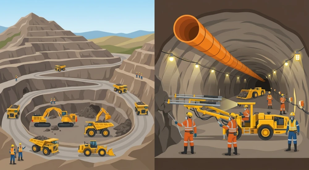 Escena comparativa mostrando operaciones de minería a tajo abierto con maquinaria pesada y minería subterránea con jumbos en túnel