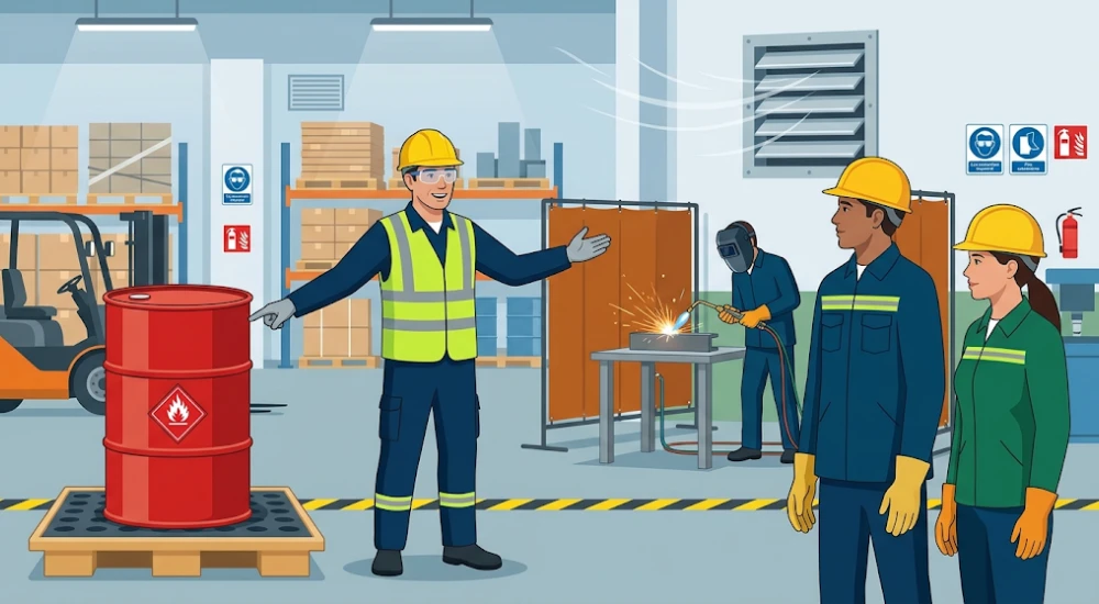 Instructor de seguridad explicando los tres elementos del triángulo del fuego a trabajadores industriales con ejemplos reales