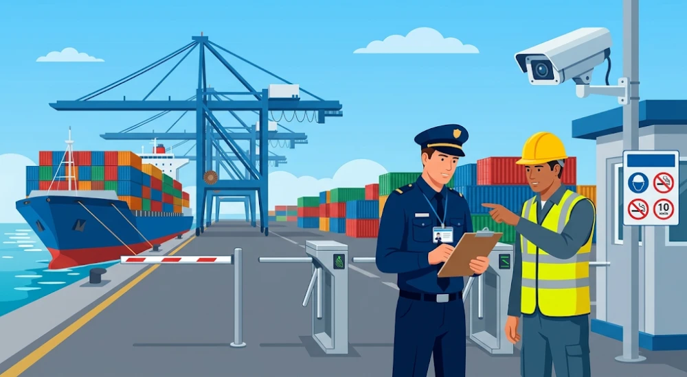 Inspector de la APN verificando cumplimiento normativo y protocolos PBIP con gerente de terminal portuaria