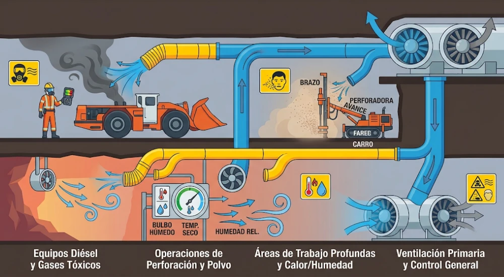 Sistema de ventilación controlando gases tóxicos polvo temperatura y humedad en labores de minería subterránea