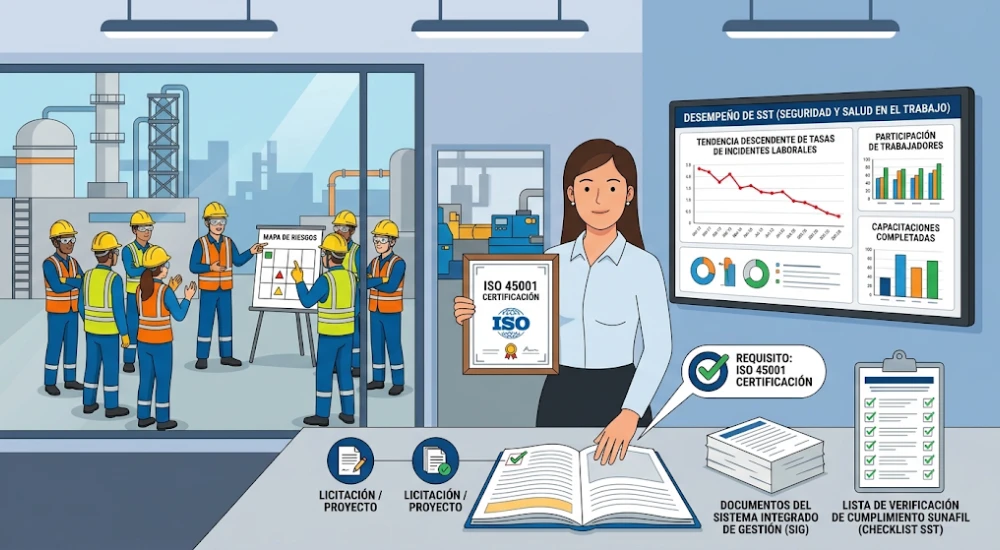 Director industrial revisando beneficios de certificación ISO 45001 con reducción de incidentes y requisito en licitaciones