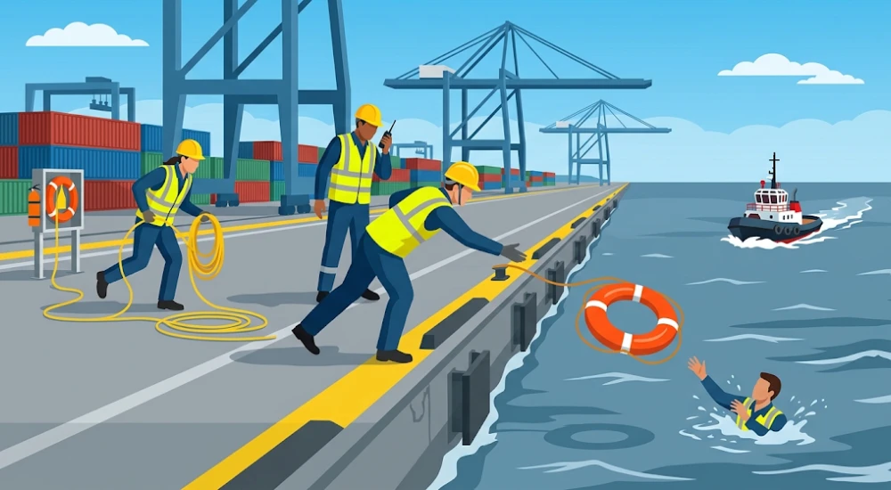 Trabajadores portuarios respondiendo a emergencia de hombre al agua con aro salvavidas y radio en muelle