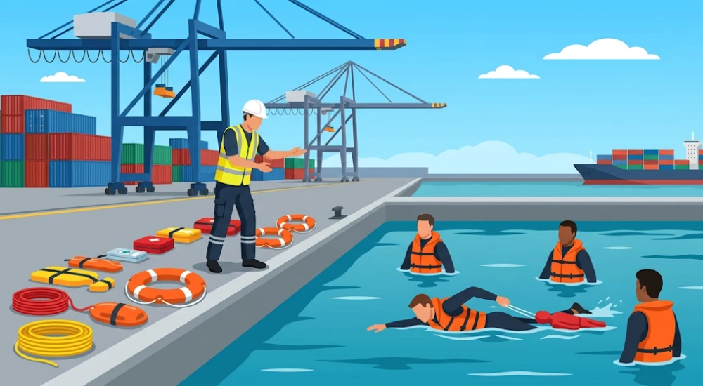 Instructor entrenando a personal portuario en técnicas de nado de rescate y remolque en sesión práctica acuática