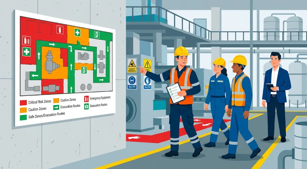 Supervisor de seguridad usando mapa de riesgos para priorizar inspección de zonas críticas en planta industrial