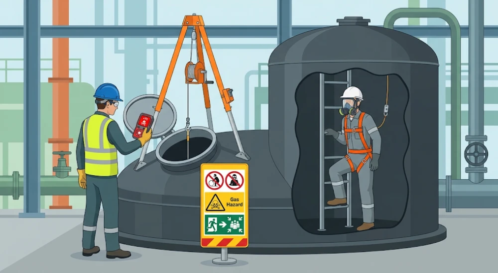 Riesgos de espacio confinado industrial mostrando deficiencia de oxígeno gases tóxicos y sistema de rescate con trípode
