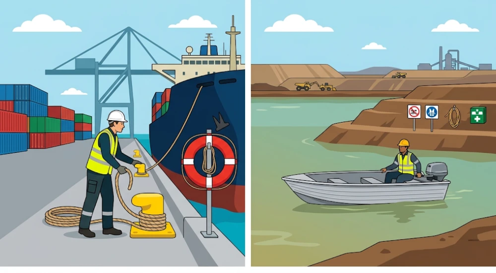 Trabajadores en riesgo de caída al agua en muelle portuario y presa de relave minera con equipos de seguridad acuática